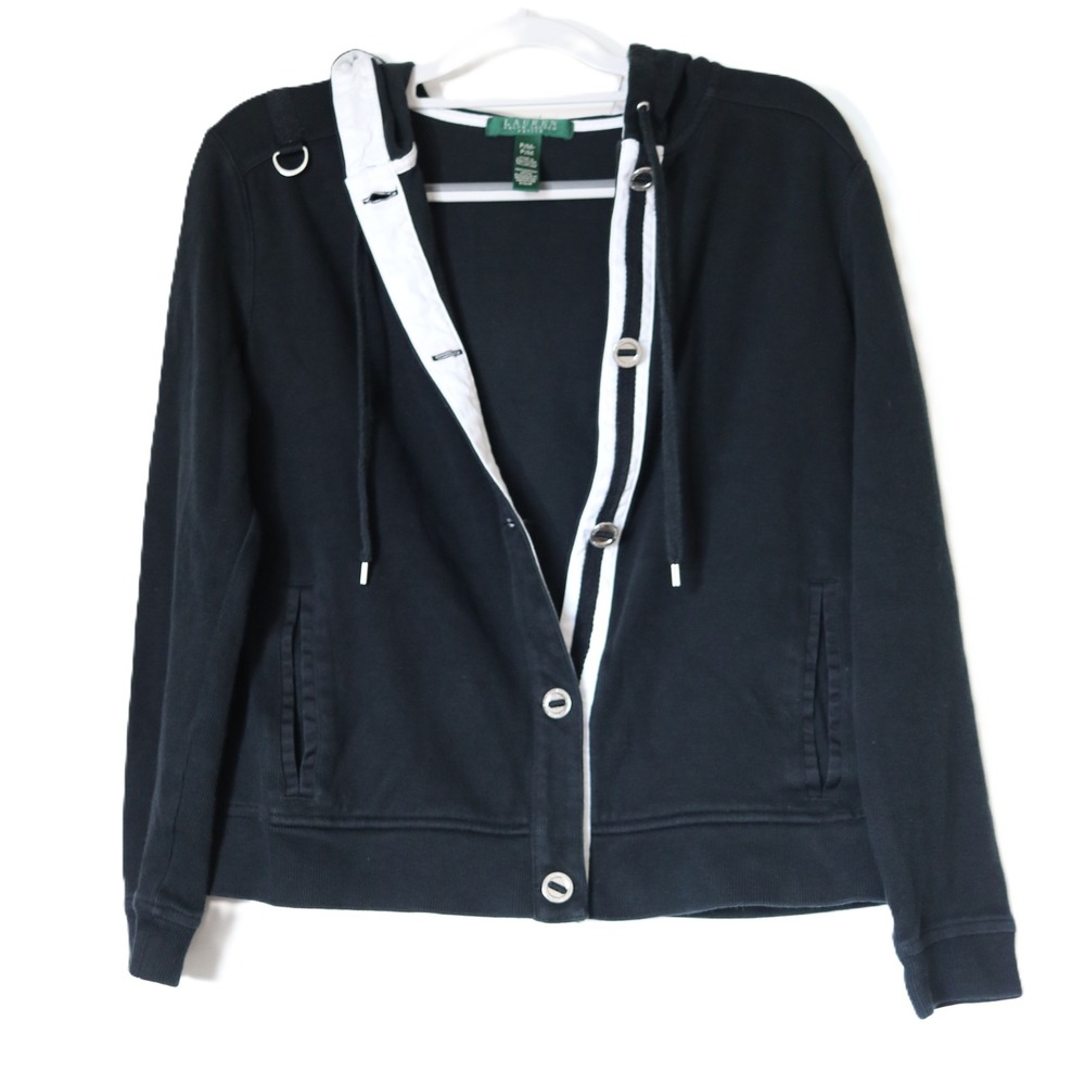 Lauren Ralph Lauren Black White Ribbed Button Front Hoodie Sweatshirt PM Cotton